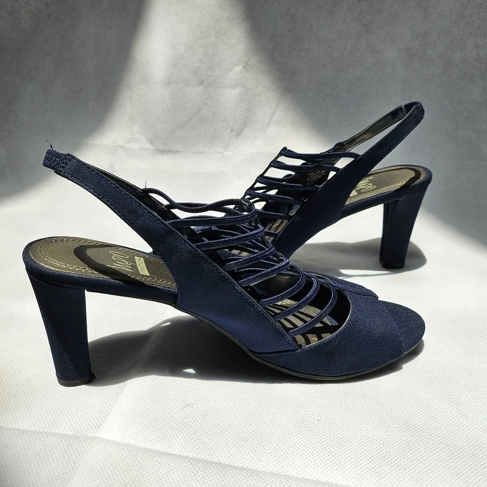 Impo Stretch Vila Navy Blue Fabric Strappy Slingback 3in Heels Size 9